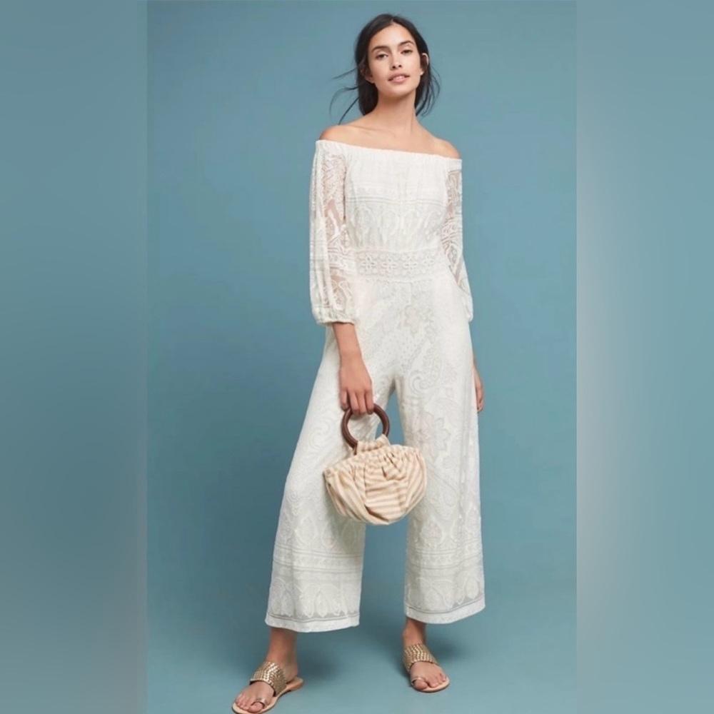 Anthropologie x Farm Rio Elliot Off the-Shoulder White/Ivory Lace Jumpsuit Small
